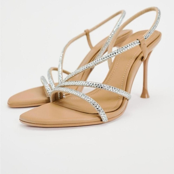 Zara Silver and Tan Rhinestone Straps Heels Size 10 - Picture 2 of 8